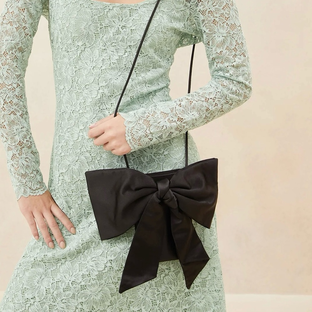 Loeffler randall black satin bow phone pouch with shoulder strap